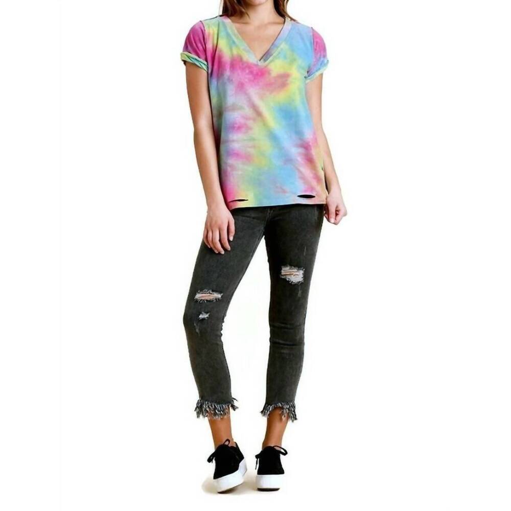NEW UMGEE distressed tie dye top in pink/sky - Picture 5 of 6